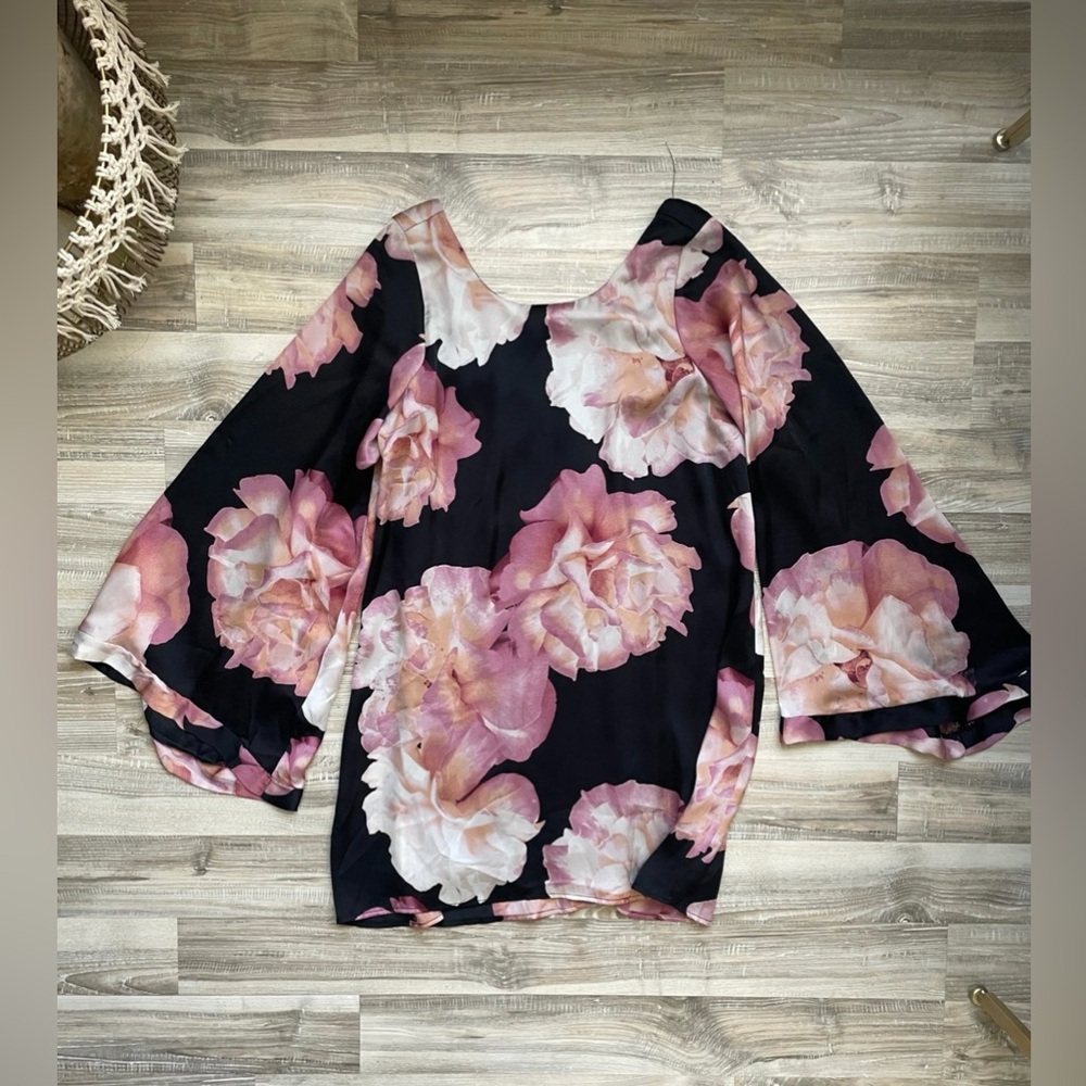 Show Me Your Mumu Fringe Floral Bell Sleeve Black Mini dress Size XS Whymsygoth